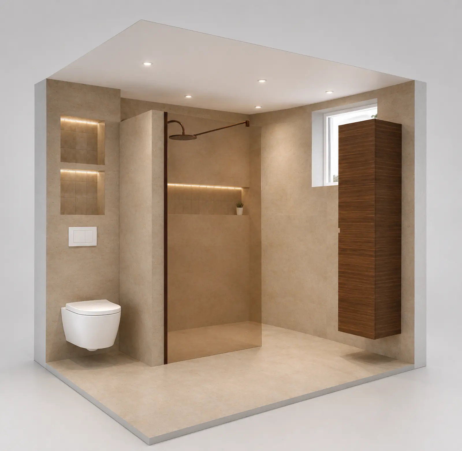3D-ontwerp van een badkamer met inloopdouche, hangtoilet, verlichte nisjes en hoge walnoot kast