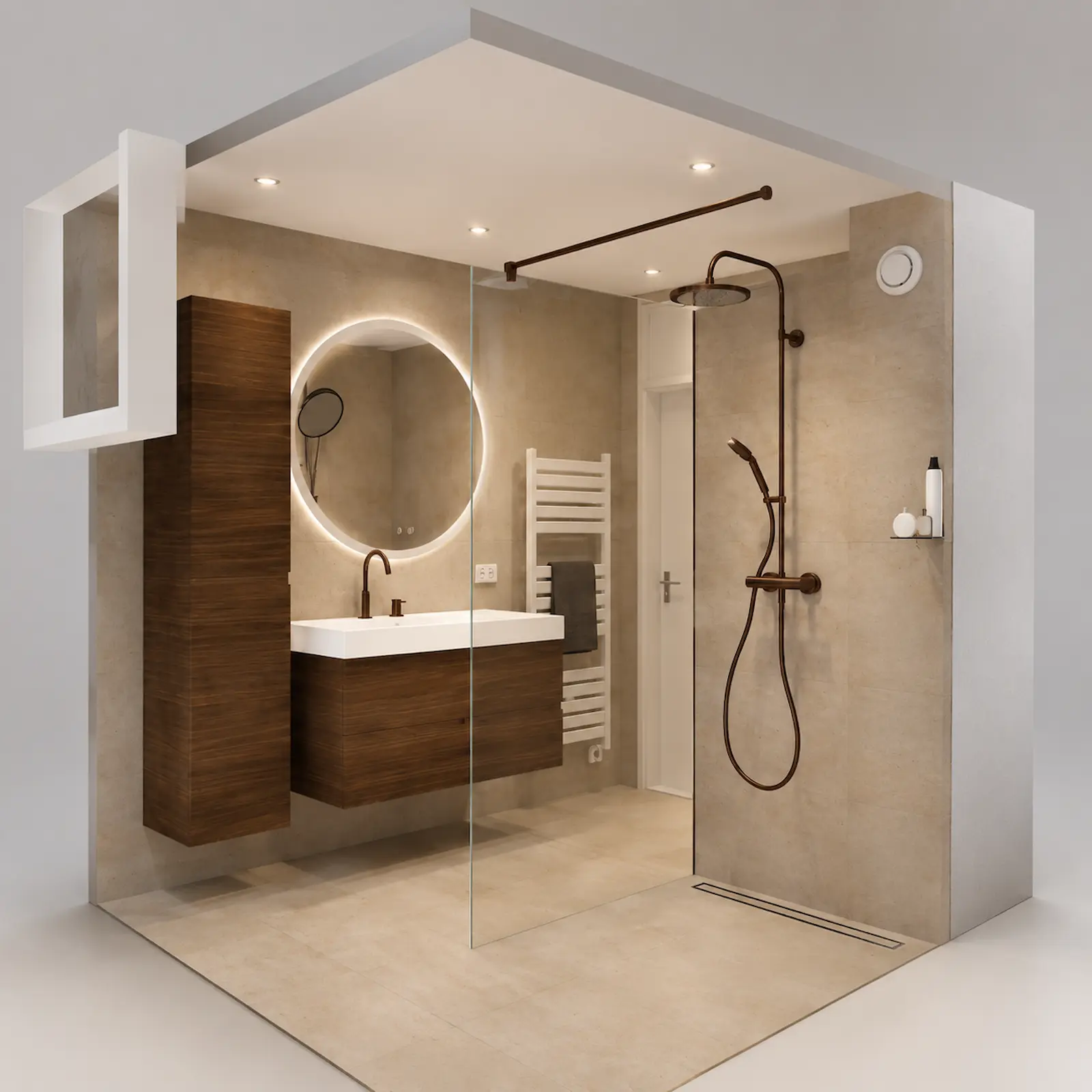 3D-ontwerp van een badkamer met inloopdouche, walnoot badmeubel, ronde spiegel en koperen regendouche