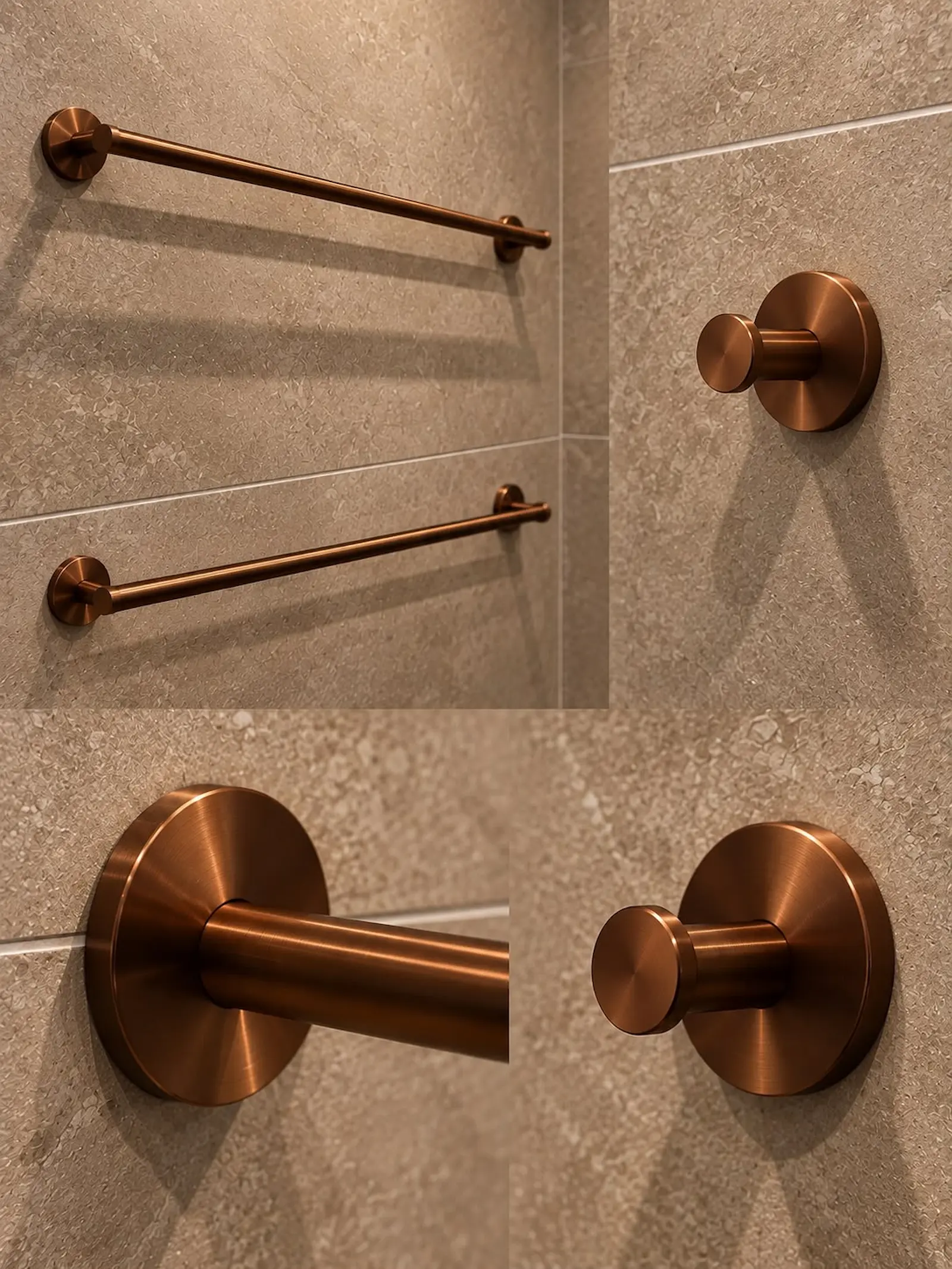 Bronzen handdoekrekken en wandhaak op beige tegels in gerenoveerde badkamer in Rotterdam