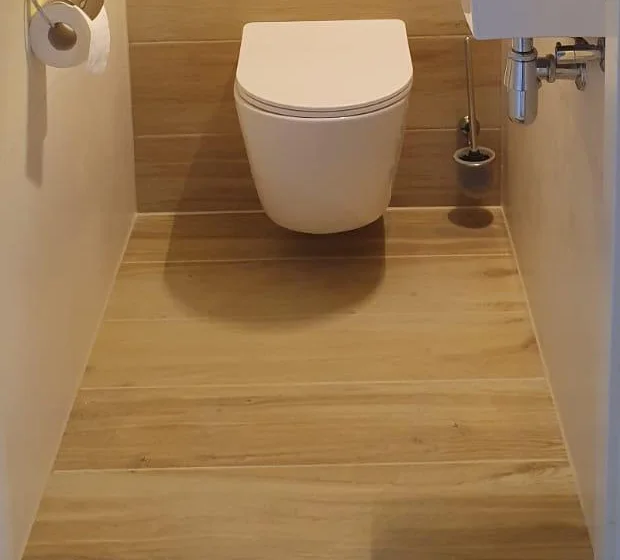 Houtlook vloertegels onder het hangtoilet, met toiletrolhouder en borstel in chroom